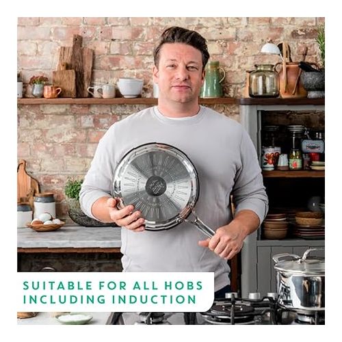 테팔 Tefal Jamie Oliver Cook's Direct Stainless Steel, 2 Piece Frying Pan Set, 24 & 28cm, Non-Stick Coating, Heat Indicator, Riveted Safe-Grip Handle, Induction Hob Compatible, E304S244