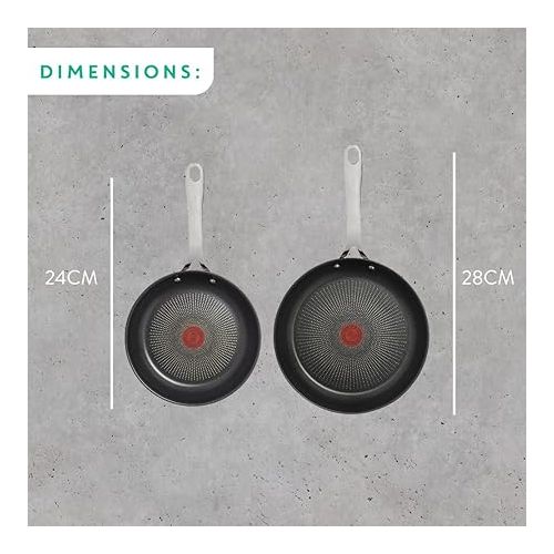 테팔 Tefal Jamie Oliver Cook's Direct Stainless Steel, 2 Piece Frying Pan Set, 24 & 28cm, Non-Stick Coating, Heat Indicator, Riveted Safe-Grip Handle, Induction Hob Compatible, E304S244