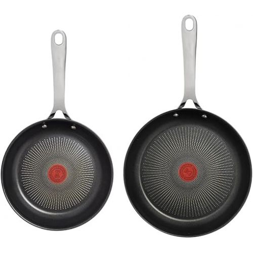 테팔 Tefal Jamie Oliver Cook's Direct Stainless Steel, 2 Piece Frying Pan Set, 24 & 28cm, Non-Stick Coating, Heat Indicator, Riveted Safe-Grip Handle, Induction Hob Compatible, E304S244