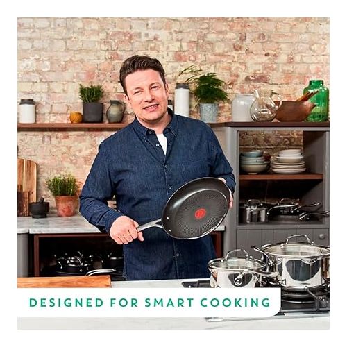 테팔 Tefal Jamie Oliver Cook's Direct Stainless Steel, 2 Piece Frying Pan Set, 24 & 28cm, Non-Stick Coating, Heat Indicator, Riveted Safe-Grip Handle, Induction Hob Compatible, E304S244