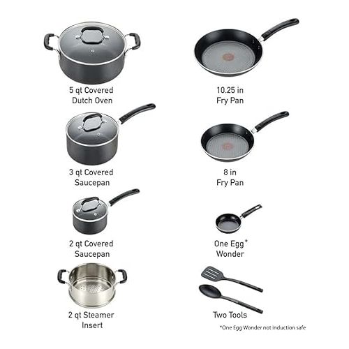 테팔 T-fal Experience Nonstick Cookware Set 12 Piece, Induction, Oven Broiler Safe 350F, Kitchen Cooking Set w/ Fry Pans, Saucepan, Stockpot, Kitchen Utensils, Pots and Pans, Dishwasher Safe, Black