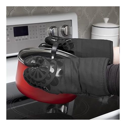 테팔 T-fal 2-Pack Medallion Design 100% Cotton and Silicone Oven Mitt - Heat-Resistant Silicone Grip - Charcoal