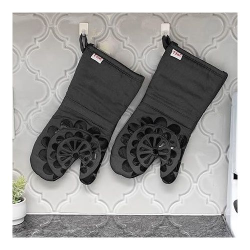 테팔 T-fal 2-Pack Medallion Design 100% Cotton and Silicone Oven Mitt - Heat-Resistant Silicone Grip - Charcoal