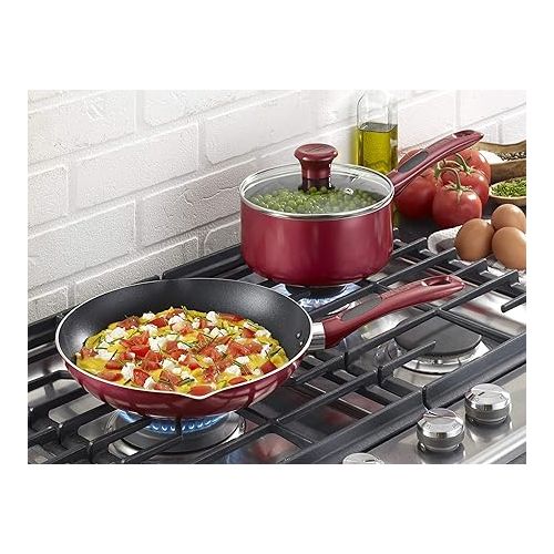 테팔 T-fal B039S264 Excite ProGlide Nonstick Thermo-Spot Heat Indicator Dishwasher Oven Safe 8 Inch and 10.5 Inch Fry Pan Cookware Set, 2-Piece, Rio Red