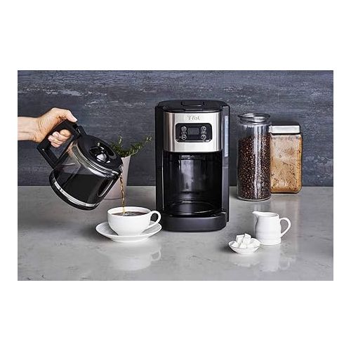 테팔 T-fal Element Plastic and Stainless Steel Drip Coffee Machine 12 Cup Programmable, Reusable filter, Pause and Brew, Glass Carafe 1000 watts Coffer Maker, Filter machine, Cold Brew, Black