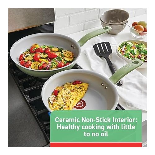 테팔 T-fal Recycled Ceramic Nonstick Cookware Set 2 Piece Oven Safe 350F Pots and Pans, Cookware Green