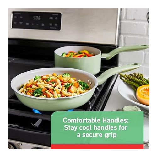 테팔 T-fal Recycled Ceramic Nonstick Cookware Set 2 Piece Oven Safe 350F Pots and Pans, Cookware Green