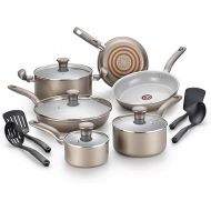 T-fal Initiatives Ceramic Non Stick Cookware Set 14 Piece, Oven Broiler Safe 350F, Kitchen Cooking Set W/ Fry Pans, Saucepans, Dutch Oven, Utensils, Healthy Cooking, Home, Pots and Pans, Gold