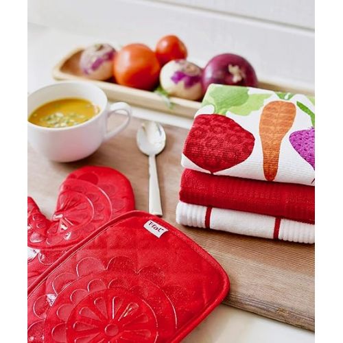 테팔 T-fal Textiles 10148 100-Percent Cotton Parquet Kitchen Dish Towel, Red, Check-Single