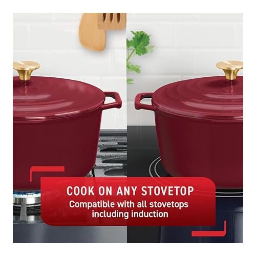 테팔 T-fal Cast Iron Enameled Dutch Oven 6 Quart Induction Oven Broiler Safe 500F Pots and Pans, Cookware Red