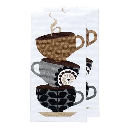 테팔 T-Fal Textiles 62459 2-Pack Coffee Cup Print Dual Sided Woven Weave Cotton Kitchen Dish Towel