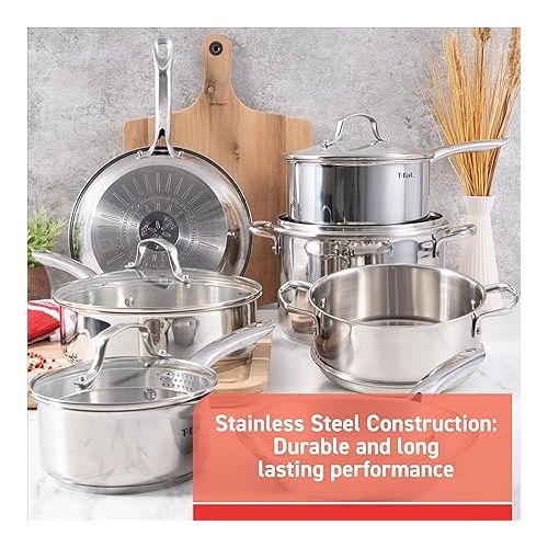 테팔 T-fal Stainless Steel Cookware Set 11 Piece, Induction, Oven Broiler Safe 500F, Kitchen Cooking Set w/ Fry Pans, Saucepans, Saute Pan, Dutch Oven, Steamer, Pots and Pans, Dishwasher Safe, Silver