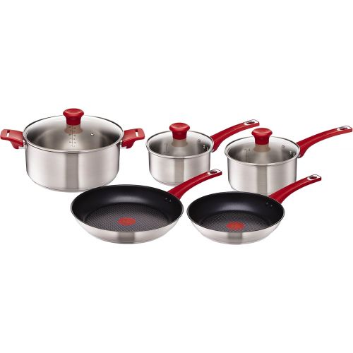 테팔 Tefal H801S5 Topf-Set, Jamie Oliver Mainstream Pfannen und Topf-Set, 5-teilig antihaftversiegelt, Starterset, Edelstahl, rot