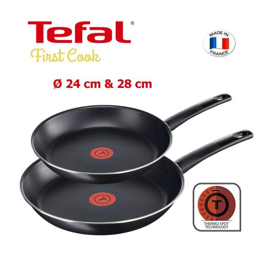 테팔 Tefal First Cook Pfannenset 2-teilig B43506, 24 und 28 cm Titanium Force Antihaftbeschichtung, Pfannen mit integrierter Temperaturanzeige, ergonomischer Griff, Bratpfanne mit Schuet