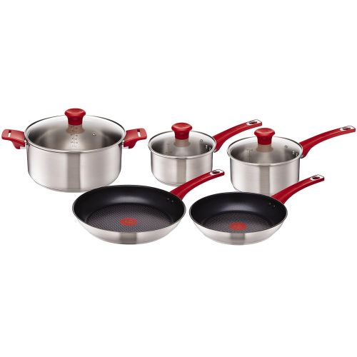 테팔 [아마존 핫딜]  [아마존핫딜]Tefal H801S5 Topf-Set, Jamie Oliver Mainstream Pfannen und Topf-Set, 5-teilig antihaftversiegelt, Starterset, Edelstahl, rot