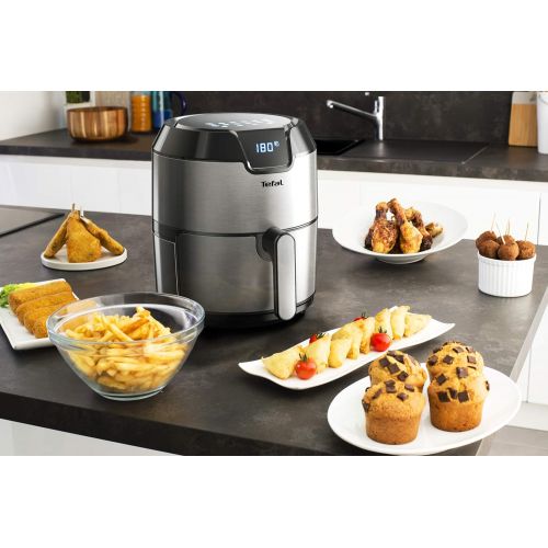 테팔 Tefal EY401D Easy Fry Deluxe Heissluftfritteuse (1500 Watt, 4 l Kapazitat, fuer bis zu 6 Portionen) edelstahl/schwarz