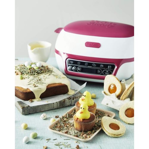 테팔 Tefal Cake Factory KD8018 Smarter Kuchenbackautomat (1200 W, ideal fuer Muffins, Schokoladen-Lava-Kuchen, Cup Cakes, Muesliriegel, Biskuit Kuchen, inkl. Rezeptbuch) weiss/lila