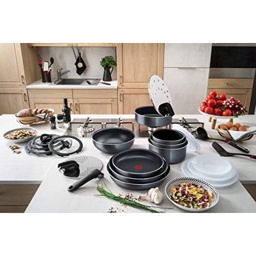 테팔 Tefal Ingenio Elegance L23193 Kasserollen-Set 4 tlg. (16 cm, 18 cm, 20 cm), Aluminium, inklusive abnehmbarer Ingenio 5 Griff, grau/blau