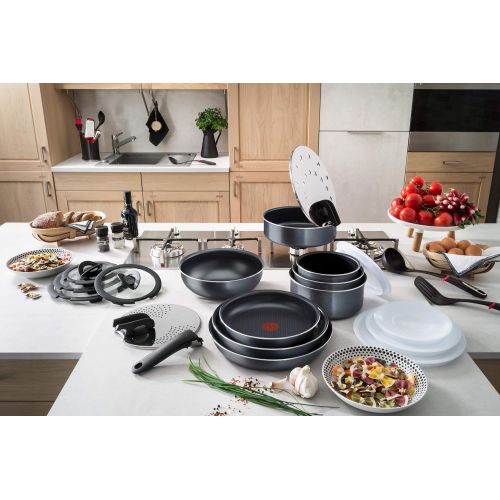 테팔 Tefal Ingenio Elegance L23193 Kasserollen-Set 4 tlg. (16 cm, 18 cm, 20 cm), Aluminium, inklusive abnehmbarer Ingenio 5 Griff, grau/blau