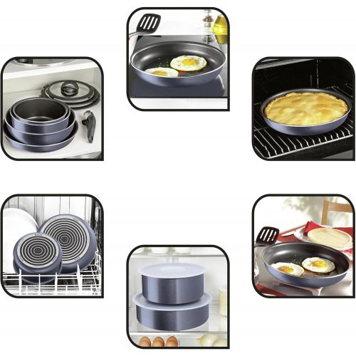 테팔 Tefal Ingenio Elegance L23193 Kasserollen-Set 4 tlg. (16 cm, 18 cm, 20 cm), Aluminium, inklusive abnehmbarer Ingenio 5 Griff, grau/blau