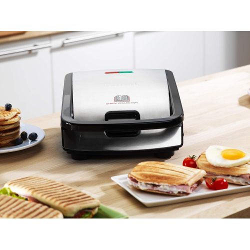 테팔 Tefal SW852D Snack Collection Waffeleisen und Sandwichmaker, Elektrogrill, Multigrill, 2 austauschbare Plattensets, Antihaftbeschichtet, 700 Watt, Edelstahl, schwarz, silber