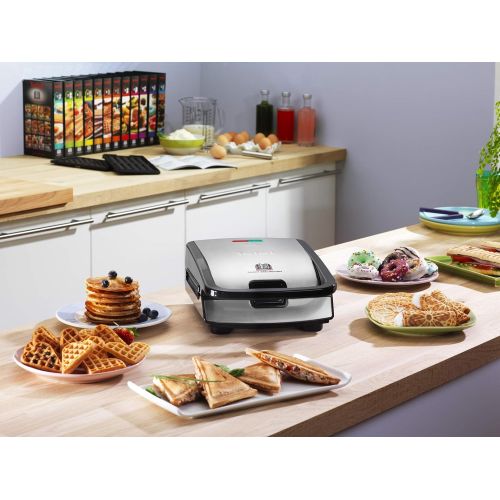 테팔 Tefal SW852D Snack Collection Waffeleisen und Sandwichmaker, Elektrogrill, Multigrill, 2 austauschbare Plattensets, Antihaftbeschichtet, 700 Watt, Edelstahl, schwarz, silber