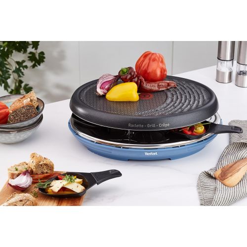 테팔 [아마존베스트]Tefal Raclette Colormania 3-in-1 Raclette and Crepe Grill, Non-Stick Coating, Easy Plus, 8 Mini Pans, Dishwasher-Safe, 1050 W, Blue Steel, RE310401