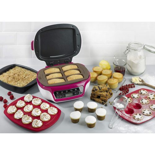 테팔 [아마존베스트]Tefal Cake Factory KD8018 1,200W Smart Cake Maker Mini Oven (Ideal for Muffins, Chocolate Lava Cakes, Cup Cakes, Cereal Bars, Biscuit Cakes incl. Recipe Book) white/purple