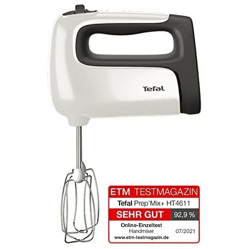 테팔 Tefal HT4611 PrepMix+ Hand Mixer, 500 Watt, Slide Button with 5 Speeds + Turbo, Includes Accessories: 2 Whisks/2 Dough Hooks/Puree Stick/Measuring Cup, White/Black