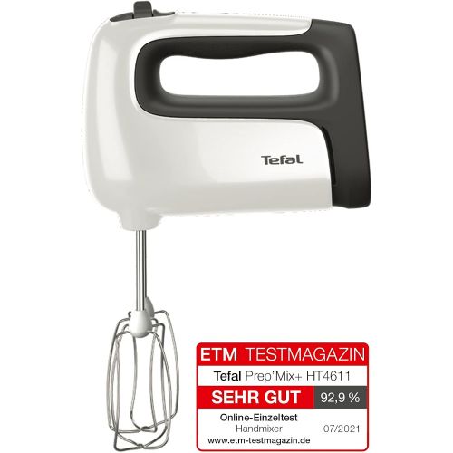 테팔 Tefal HT4611 PrepMix+ Hand Mixer, 500 Watt, Slide Button with 5 Speeds + Turbo, Includes Accessories: 2 Whisks/2 Dough Hooks/Puree Stick/Measuring Cup, White/Black