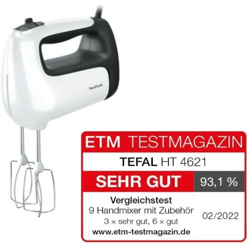 테팔 Tefal HT462138 PrepMix+ Hand Mixer, Ideal for Easy and Tough Preparations, Powerful 500 W Motor, 5 Speeds, Turbo Function, Stainless Steel Puree Stick Attachment, White/Grey