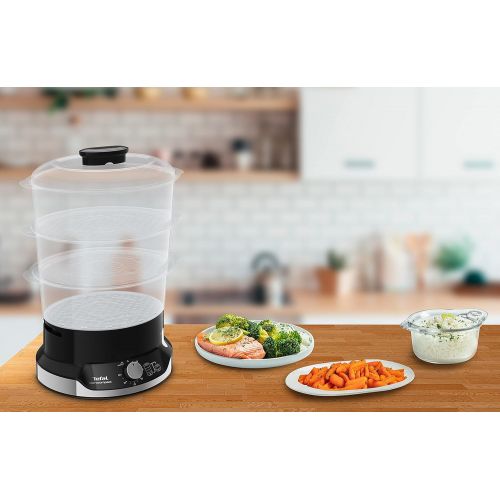 테팔 Tefal UltraCompact VC2048 Electric Steamer, 9 Litre, 800 W, Three Separate BPA Free, Timer up to 60 Minutes, Rice Bowl, Healthy Cooking, Egg Boiler Stand, Compact