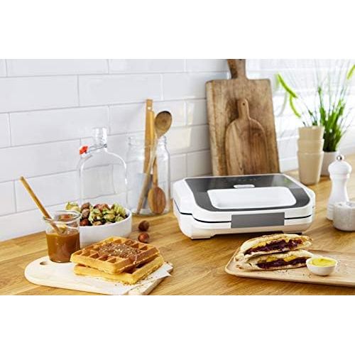 테팔 Tefal SW7011 Snack XL Sandwich Maker and Waffle Iron 2 Non Stick Plate Sets Extra Deep Shape Plates are Dishwasher Safe Includes Recipe Book 850 Watt White/Black