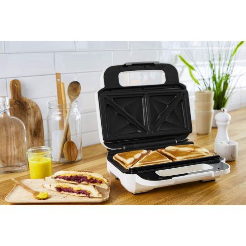 테팔 Tefal SW7011 Snack XL Sandwich Maker and Waffle Iron 2 Non Stick Plate Sets Extra Deep Shape Plates are Dishwasher Safe Includes Recipe Book 850 Watt White/Black