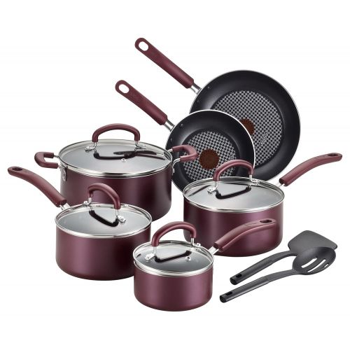 테팔 T-fal B130SC Color Luxe Hard Titanium Nonstick Thermo-Spot Dishwasher Safe PFOA Free Cookware Set, 12-Piece, Red