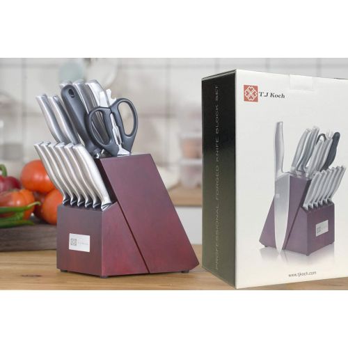  T.J Koch Cutlery Knife Block Set 15-piece Premium Single Piece Stainless Steel Sharp Kitchen Knives Non-slip Handle Kitchen Scissors & Sharpener Home Cooking Essential Gift Set