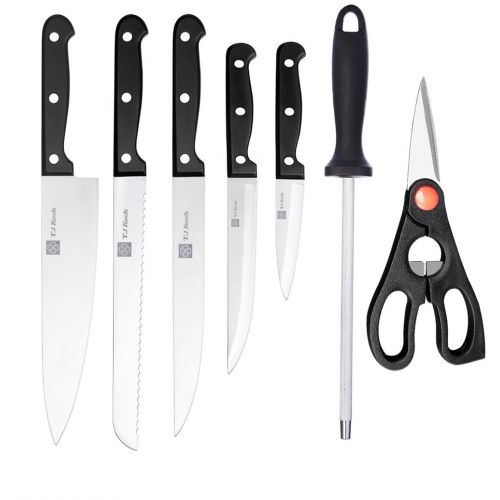  T.J Koch Knife Set with Block 15-Piece Stainless Steel Kitchen Knives Set 8 Chef Slicing Bread 5 Utility 3½ Paring 4½ Steak Knives x 6 Sharpener Steel Bamboo Board