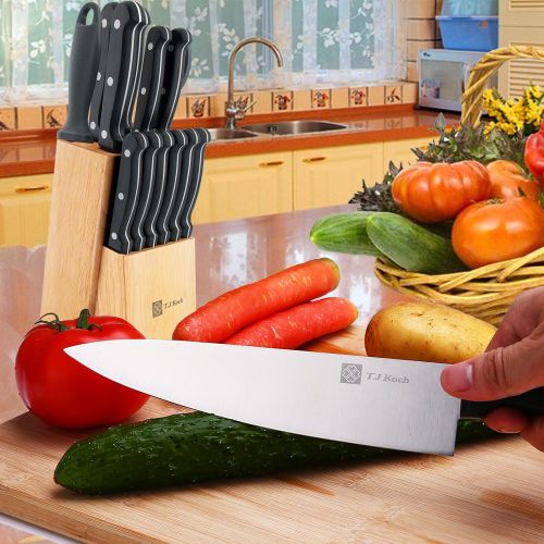  T.J Koch Knife Set with Block 15-Piece Stainless Steel Kitchen Knives Set 8 Chef Slicing Bread 5 Utility 3½ Paring 4½ Steak Knives x 6 Sharpener Steel Bamboo Board