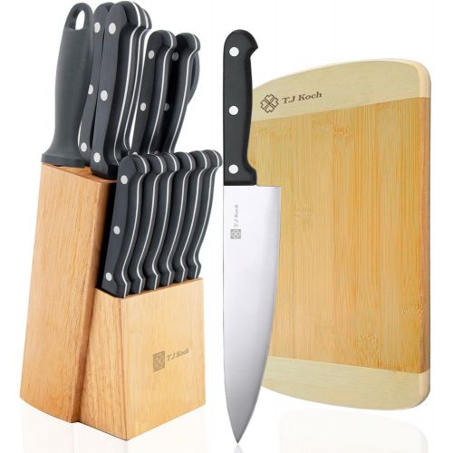  T.J Koch Knife Set with Block 15-Piece Stainless Steel Kitchen Knives Set 8 Chef Slicing Bread 5 Utility 3½ Paring 4½ Steak Knives x 6 Sharpener Steel Bamboo Board