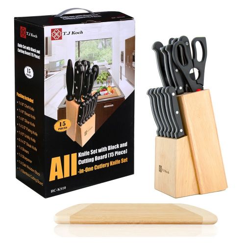  T.J Koch Knife Set with Block 15-Piece Stainless Steel Kitchen Knives Set 8 Chef Slicing Bread 5 Utility 3½ Paring 4½ Steak Knives x 6 Sharpener Steel Bamboo Board