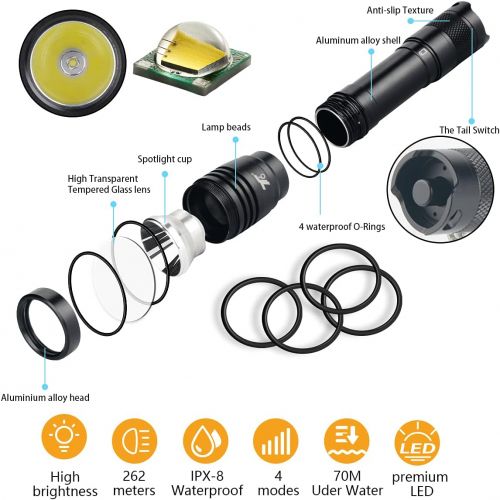  T6 Diving Flashlights, Led Scuba Dive Lights Ipx8 Waterproof Underwater Lights with Rechargeable Battery and Charger High Lumens Super Bright Submarine Lights 4 Mode Snorkeling Tor
