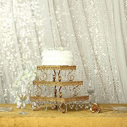  Tableclothsfactory Set of 3 Gold Chandelier Metal Cake Stands Square Cupcake Stands Dessert Display With Crystal Pendants