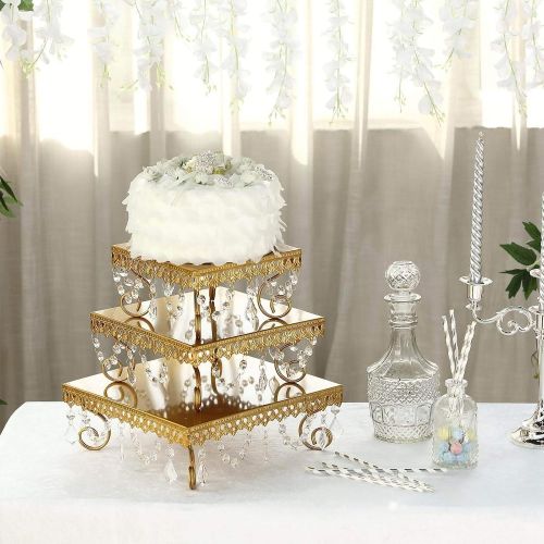  Tableclothsfactory Set of 3 Gold Chandelier Metal Cake Stands Square Cupcake Stands Dessert Display With Crystal Pendants