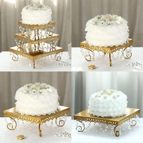  Tableclothsfactory Set of 3 Gold Chandelier Metal Cake Stands Square Cupcake Stands Dessert Display With Crystal Pendants