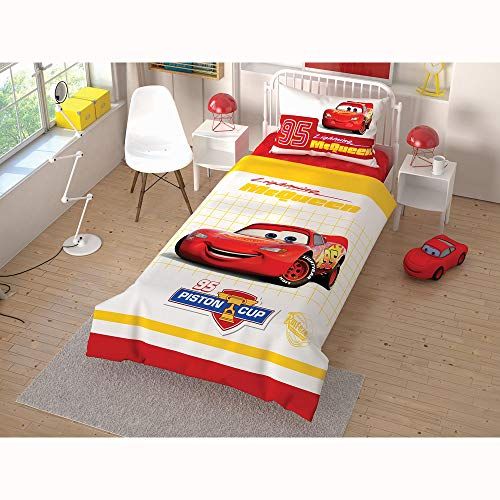  TAC Cars Piston Cup Lightning McQueen Single/Twin Size Duvet Cover Set 3 pcs 100% Cotton Beding Linens for Kids Girls Children