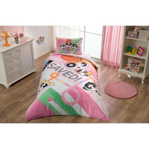  TAC Original Licensed Power Puff Girls Single/Twin Size 3 Pcs Bedding Set, 100 % Cotton Duvet/Quilt Cover Set with Duvet Cover , Fitted Sheet and Pillow Case