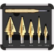 [아마존핫딜][아마존 핫딜] TACKLIFE Tacklife PDH06A Classic Titanium Step Drill Bit Set & Automatic Center Punch，High Speed Steel |5-Piece Set| Total 50 Sizes，Double Cutting Blades Design with Aluminum Case