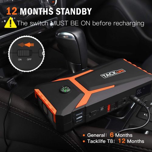  TACKLIFE T8 800A Peak 18000mAh Car Jump Starter (up to 7.0L Gas, 5.5L Diesel engine) with LCD Screen, USB Quick Charge, 12V Auto Battery Booster, Portable Power Pack with Built-in