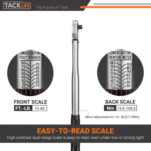  TACKLIFE 3/8 Drive Click Torque Wrench Set,With 1/2 & 1/4 Adapters And An Extension Bar (10-80 ft.- lb./13.6-108.5 Nm) - HTW1A