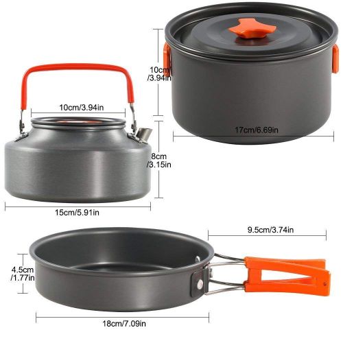  TAESOUW-Camping Outdoor Cooking Equipment Aluminium Compact Camping Cookware Mess Kit Pot Pan Kettle Stove Cups Spork Spatula Collapsible Backpacking Cookset with Mesh Bag Outdoor Camping